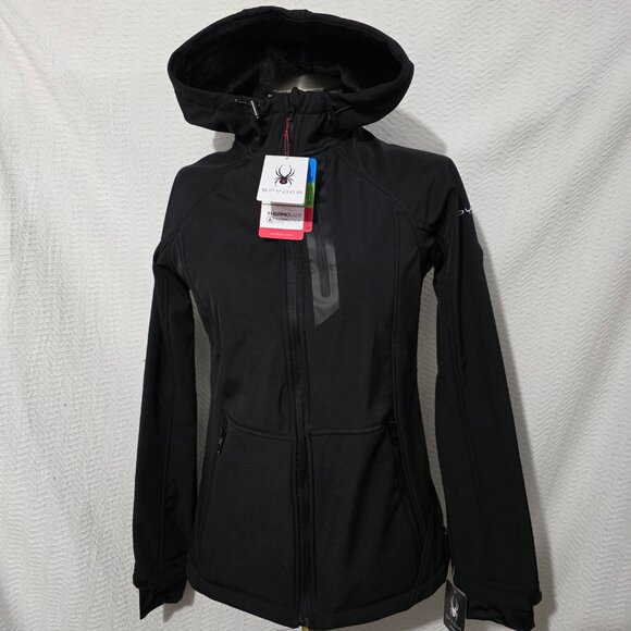 NWT Spyder Black Zip Jacket Hood, Water & Wind Resistent Termoweb Thumb Hole S/P - Picture 3 of 16